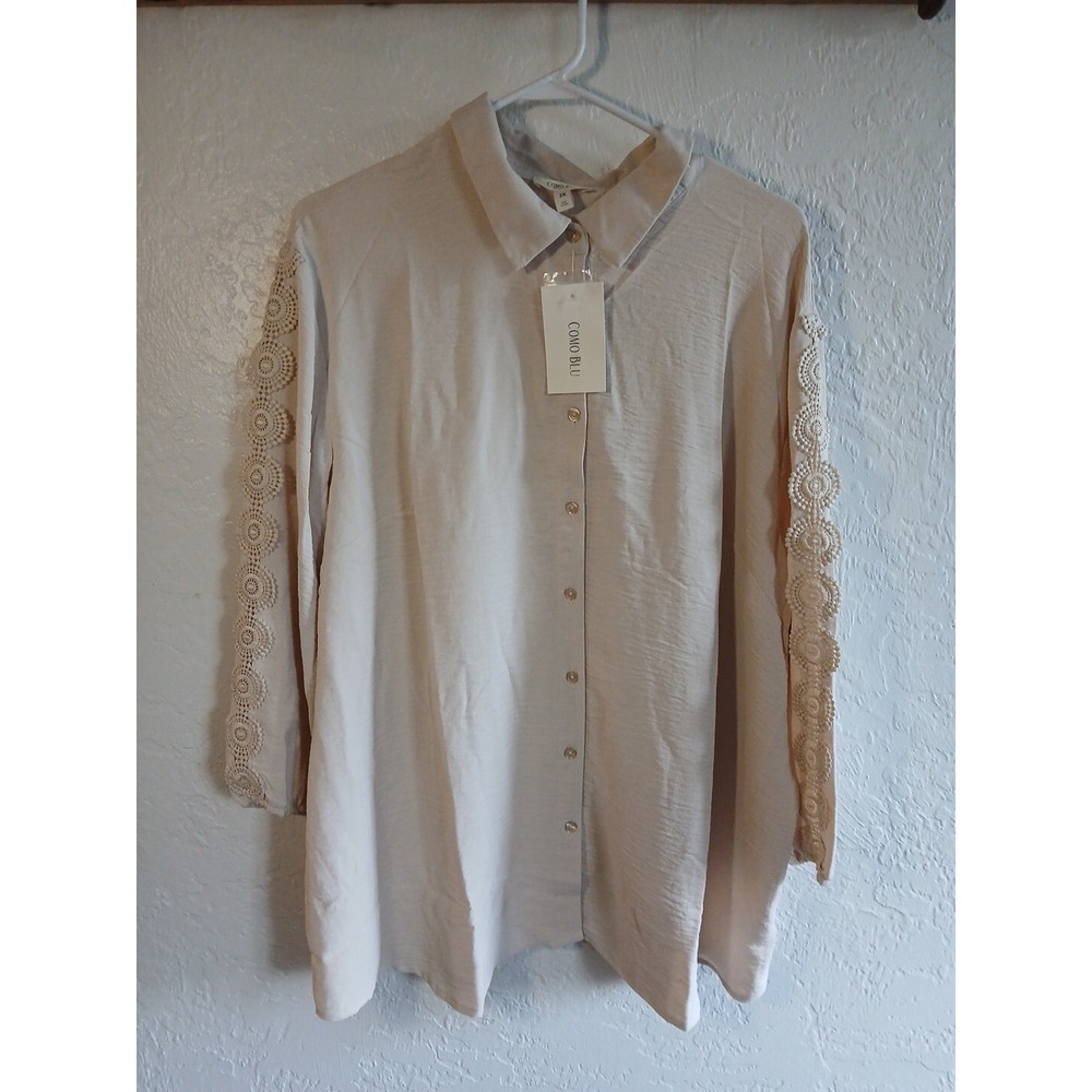 Womens Como Blu Beige Button Up Blouse 3/4 Length Puff  Sleeves Size 3X NWT